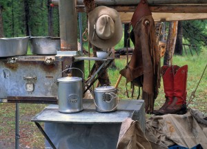cowboy, kitchen, boots, wilderness cooking, camp, camping, outfitter camp